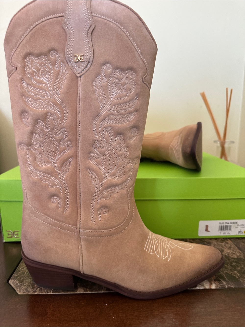 Sam Edelman Beige Suede Embroidered Western Lace-Up Boots
